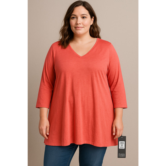 Eileen Fisher Flora V-Neck Tunic Womens XL Coral Hemp Organic Cotton Relaxed Top